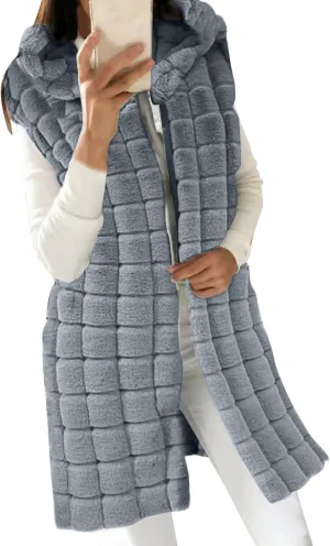 2023 Womens Fall Reversible Puffer Vests Sleeveless Fleece Jacket Zip Up Hoodie Pockets Long Warm Winter Coat Outerwear