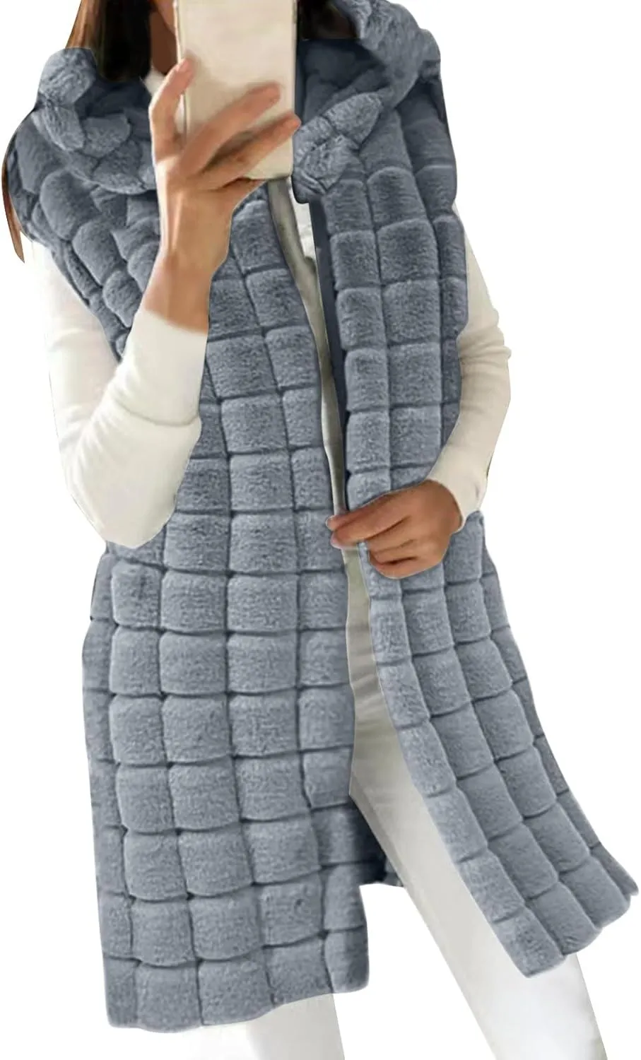 2023 Womens Fall Reversible Puffer Vests Sleeveless Fleece Jacket Zip Up Hoodie Pockets Long Warm Winter Coat Outerwear