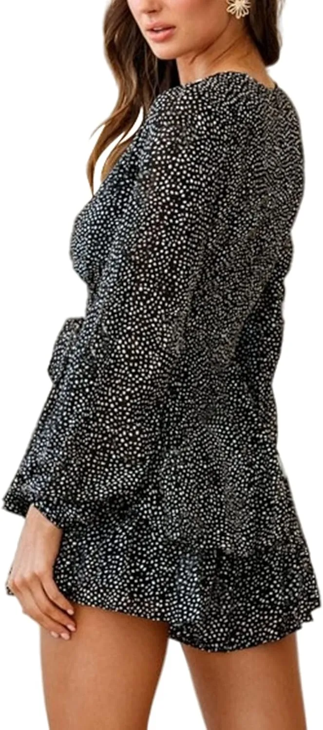 AIMCOO Women's Floral Print Deep V-Neck Romper Double Layer Ruffle Hem Jumpsuits Long Baggy Sleeves Waist Tie Short Rompers