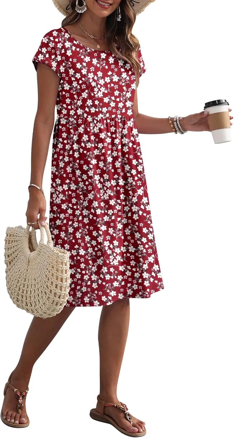 AUSELILY Women's Summer Short Sleeve Knee-Length Dresses Round Neck Loose Dress with Pockets 2025 New