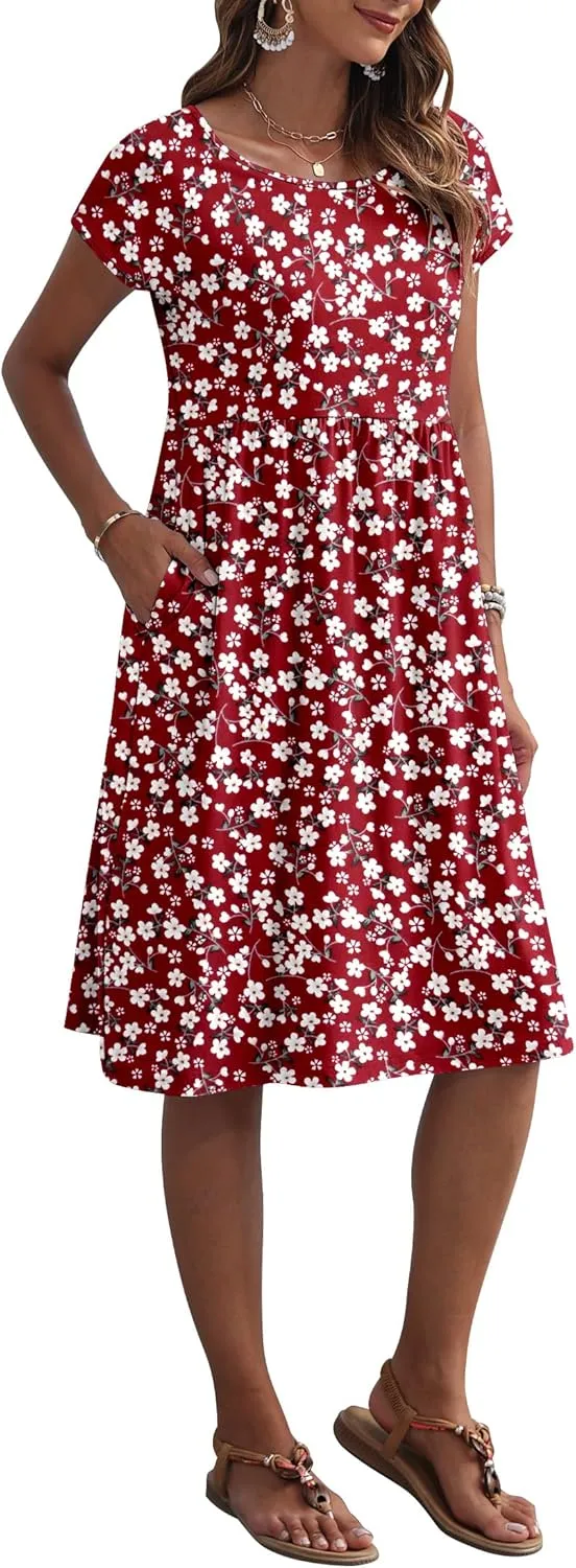 AUSELILY Women's Summer Short Sleeve Knee-Length Dresses Round Neck Loose Dress with Pockets 2025 New