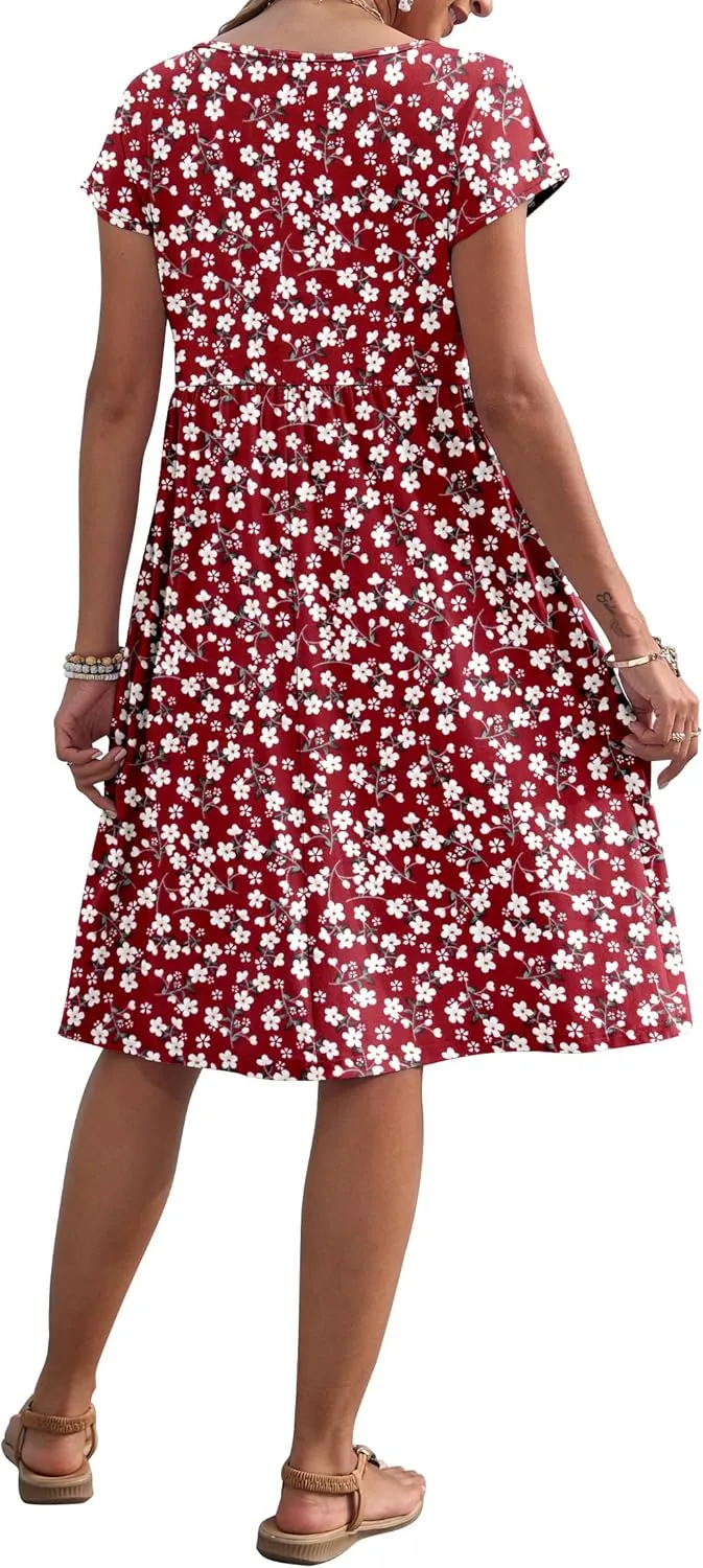 AUSELILY Women's Summer Short Sleeve Knee-Length Dresses Round Neck Loose Dress with Pockets 2025 New