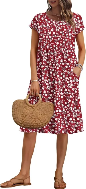 AUSELILY Women's Summer Short Sleeve Knee-Length Dresses Round Neck Loose Dress with Pockets 2025 New