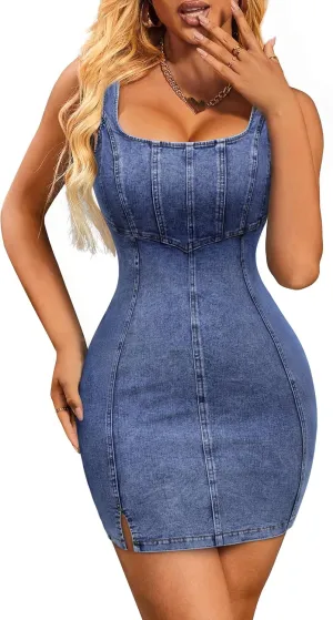 Denim Dress for Women Sexy Sleeveless Jean Dresses Side Slit Slim Womens Denim Frock Vintage Summer Gown for Women 2025
