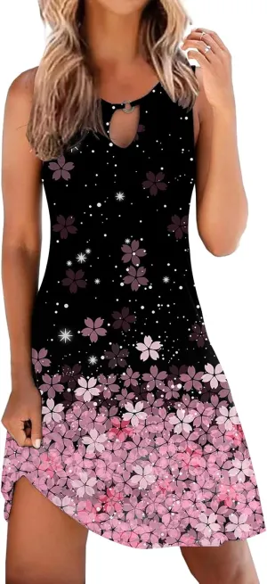 ETCYY NEW Summer Dresses for Women Trendy Boho Floral Print Sundresses Sleeveless Beach Cover Up Dress with Pockets