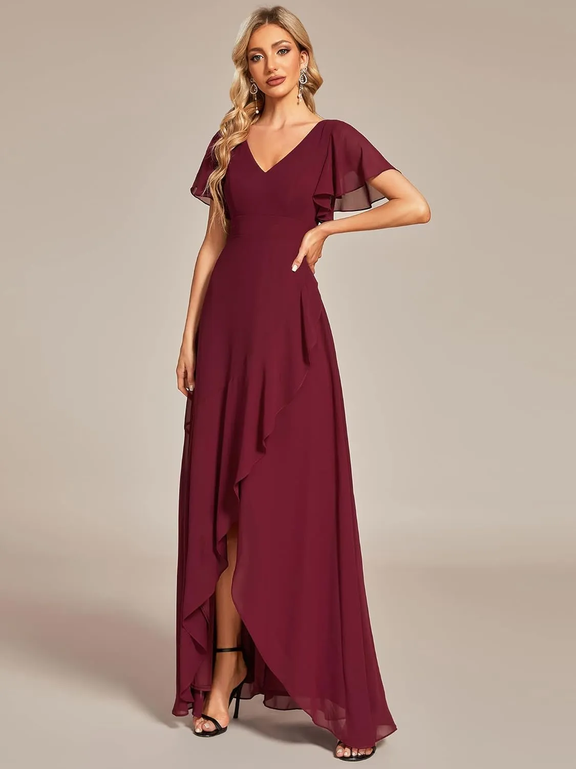 Ever-Pretty Women's Double V Neck A Line Ruffle Hem Backless High Low Chiffon Bridesmaid Dresses 01749