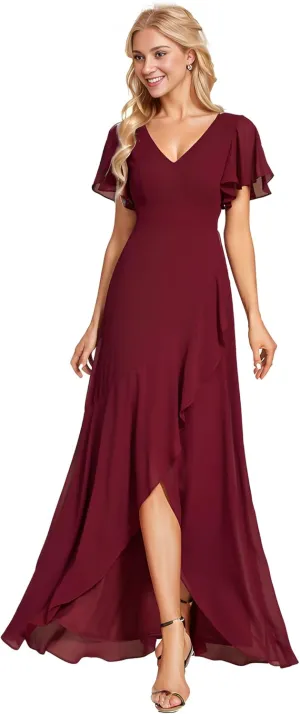 Ever-Pretty Women's Double V Neck A Line Ruffle Hem Backless High Low Chiffon Bridesmaid Dresses 01749