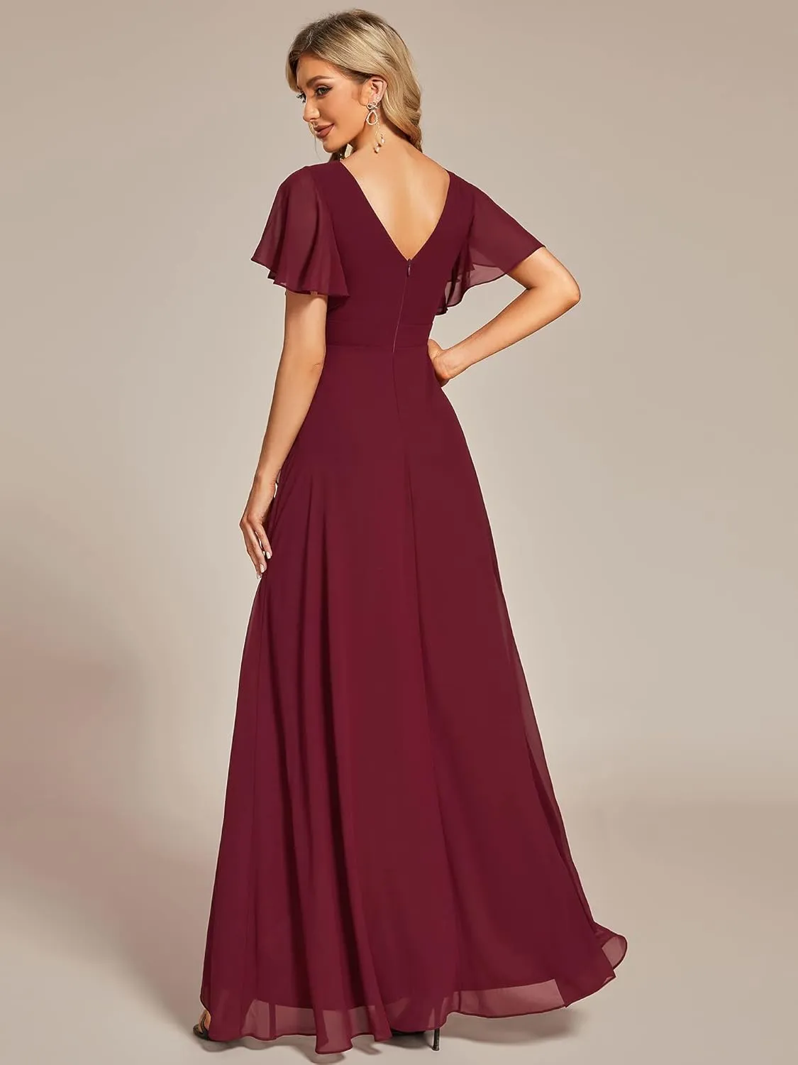 Ever-Pretty Women's Double V Neck A Line Ruffle Hem Backless High Low Chiffon Bridesmaid Dresses 01749