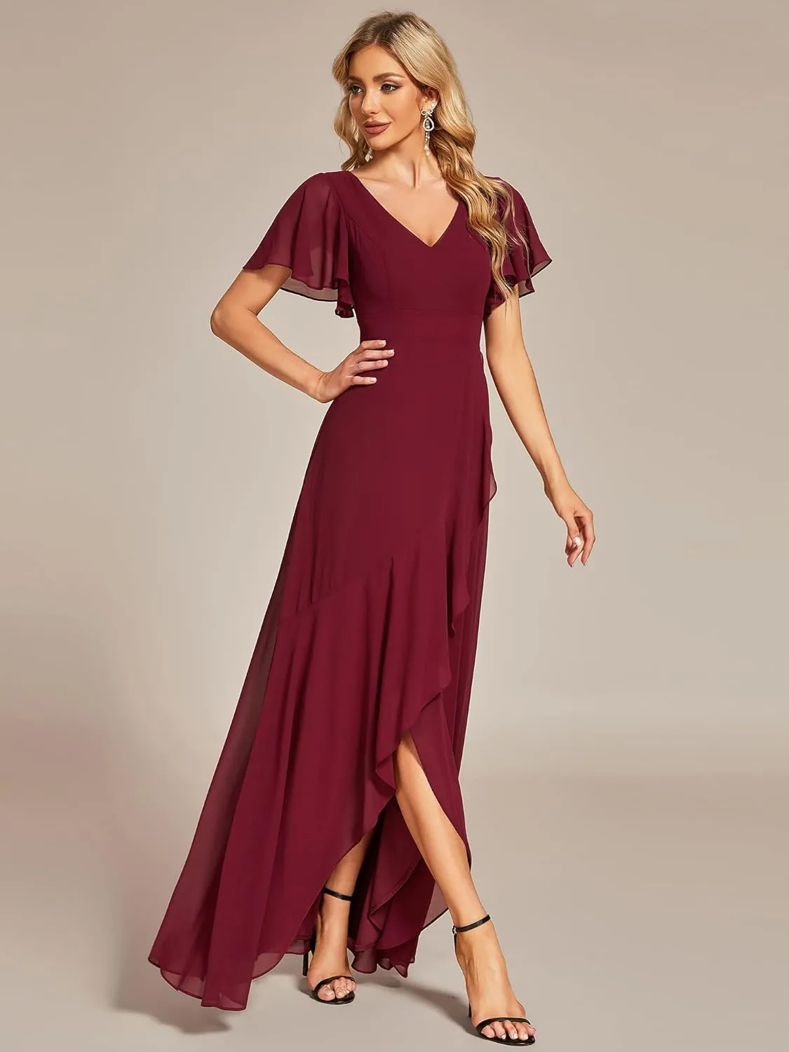 Ever-Pretty Women's Double V Neck A Line Ruffle Hem Backless High Low Chiffon Bridesmaid Dresses 01749