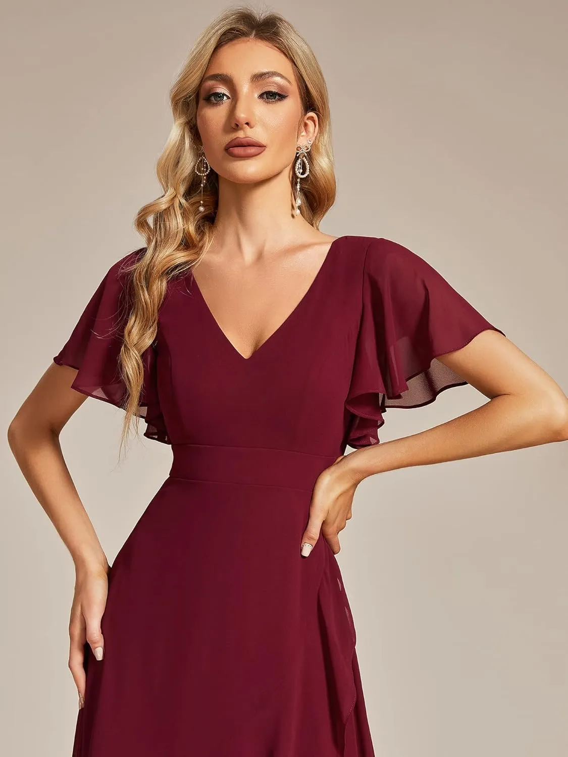 Ever-Pretty Women's Double V Neck A Line Ruffle Hem Backless High Low Chiffon Bridesmaid Dresses 01749
