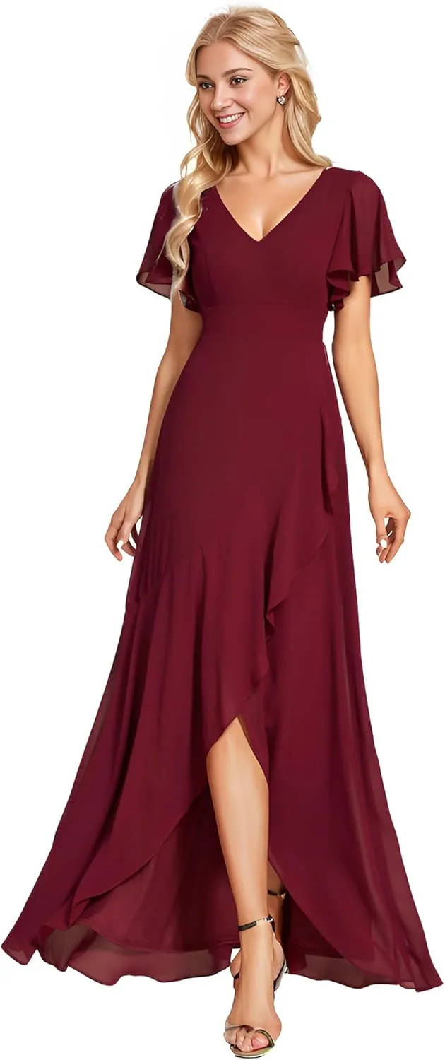 Ever-Pretty Women's Double V Neck A Line Ruffle Hem Backless High Low Chiffon Bridesmaid Dresses 01749