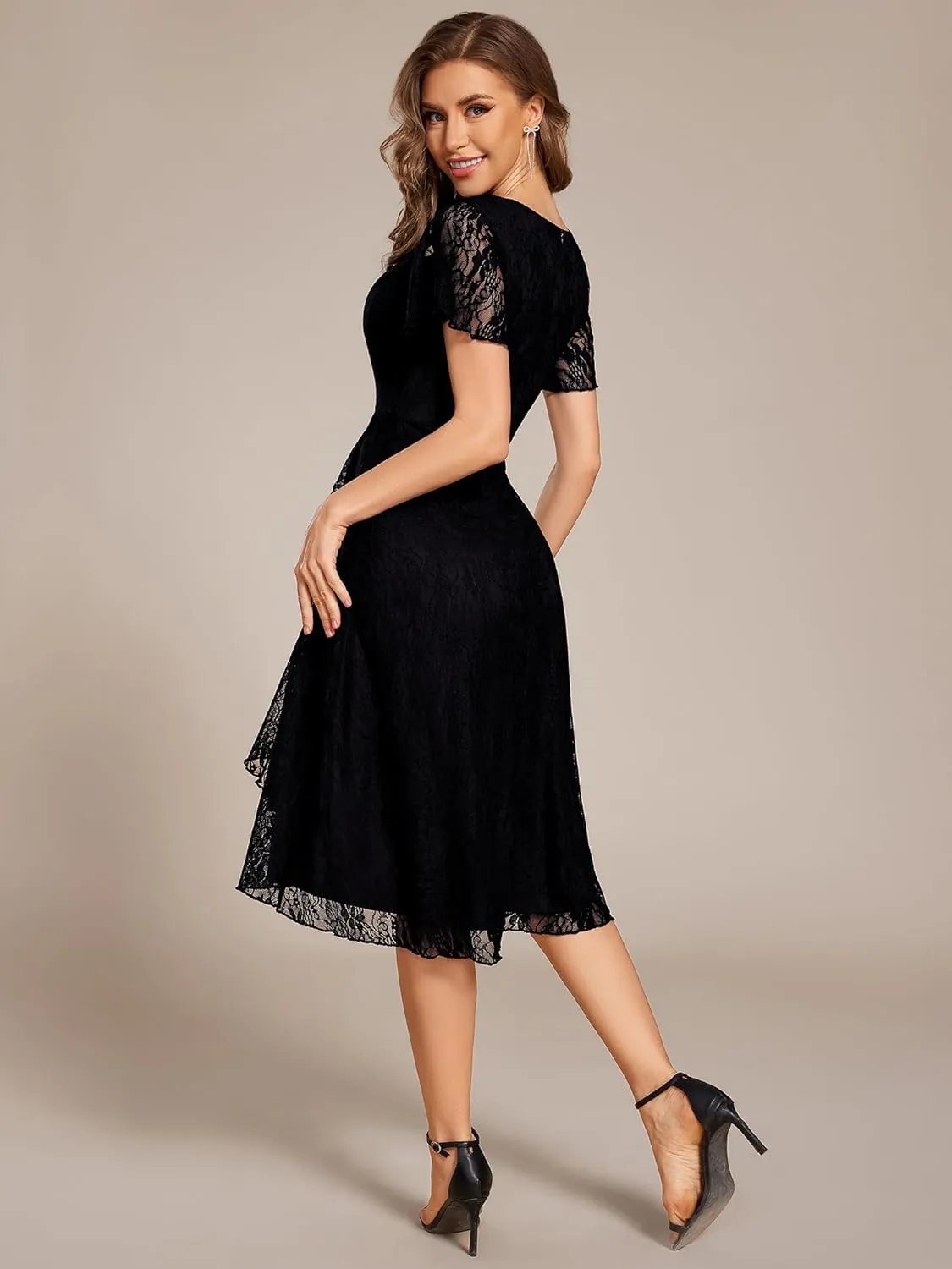 Ever-Pretty Women's V Neck Short Sleeves Lace A Line Hi-Lo Midi Semi Formal Dress 02489