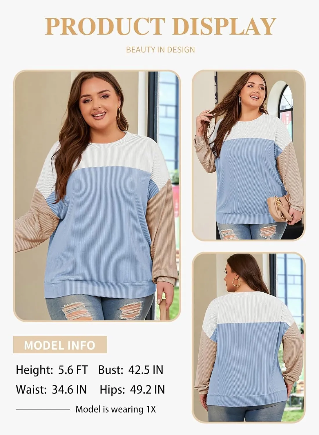 Eytino Plus Size Sweatshirt for Women Striped Colorblock Long Sleeve Crewneck Casual Loose Pullover Shirt Top(1X-5X)