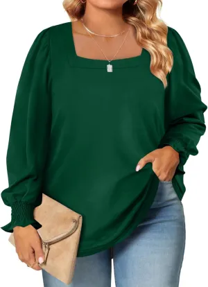 Eytino Plus Size Tops for Women Square Neck Puff Sleeve Summer Casual Loose Blouse Shirts(1X-5X)