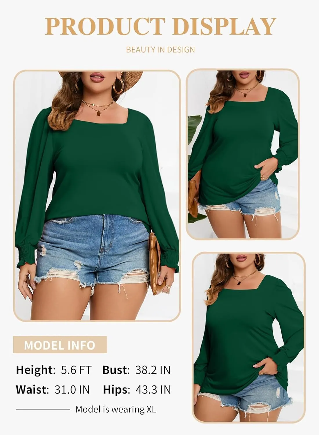 Eytino Plus Size Tops for Women Square Neck Puff Sleeve Summer Casual Loose Blouse Shirts(1X-5X)