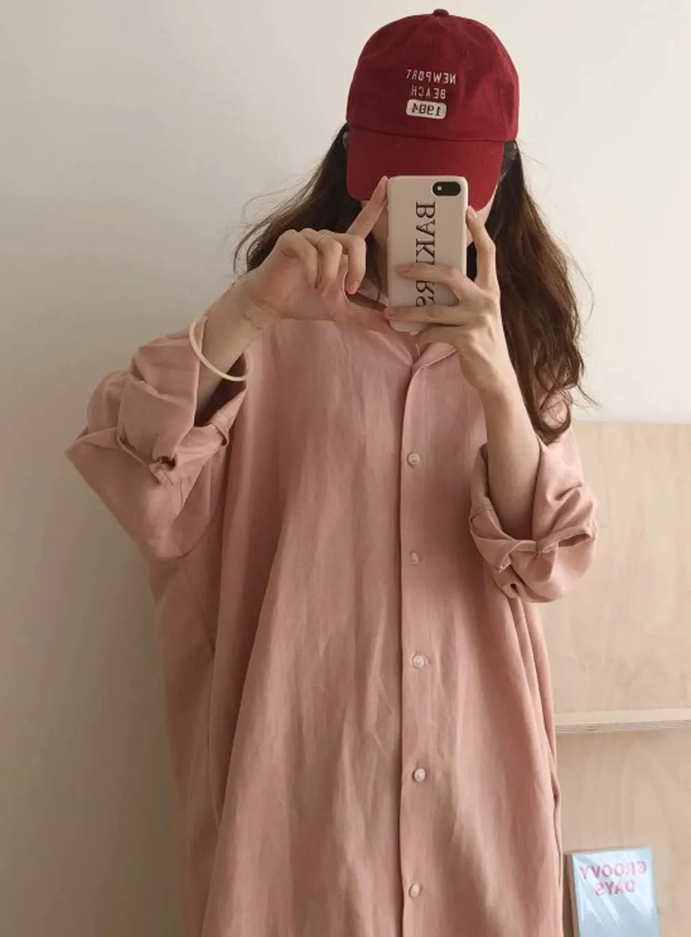 GGUHHU Womens Chic Button Down Rolled-Up Sleeve Long Cotton Blouse Maxi Dress