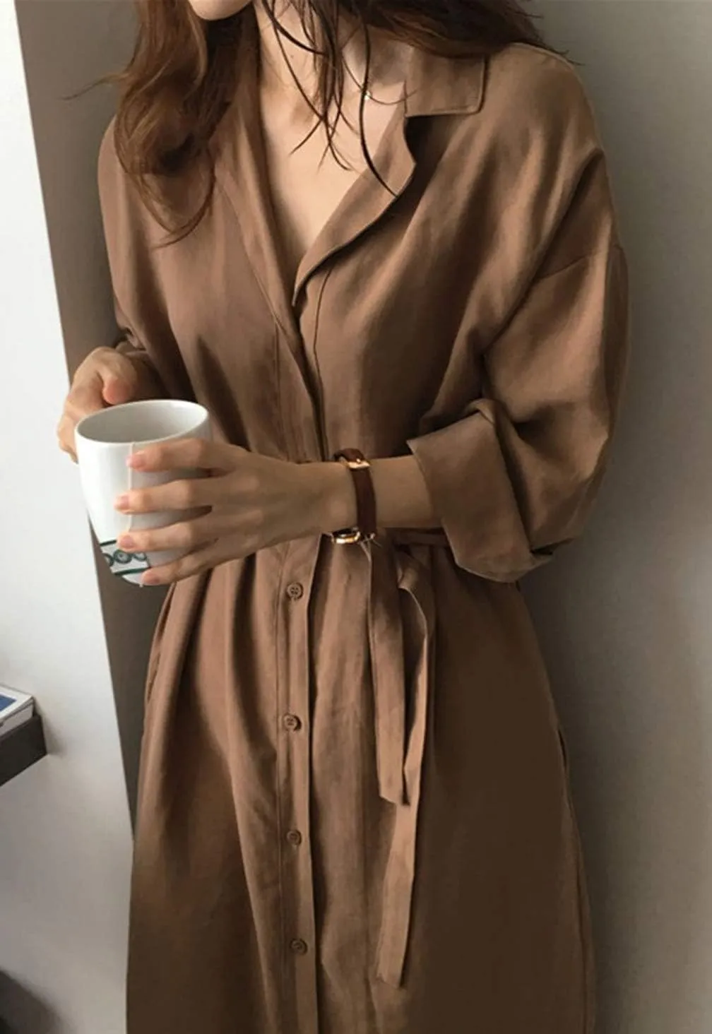 GGUHHU Womens Chic Button Down Rolled-Up Sleeve Long Cotton Blouse Maxi Dress