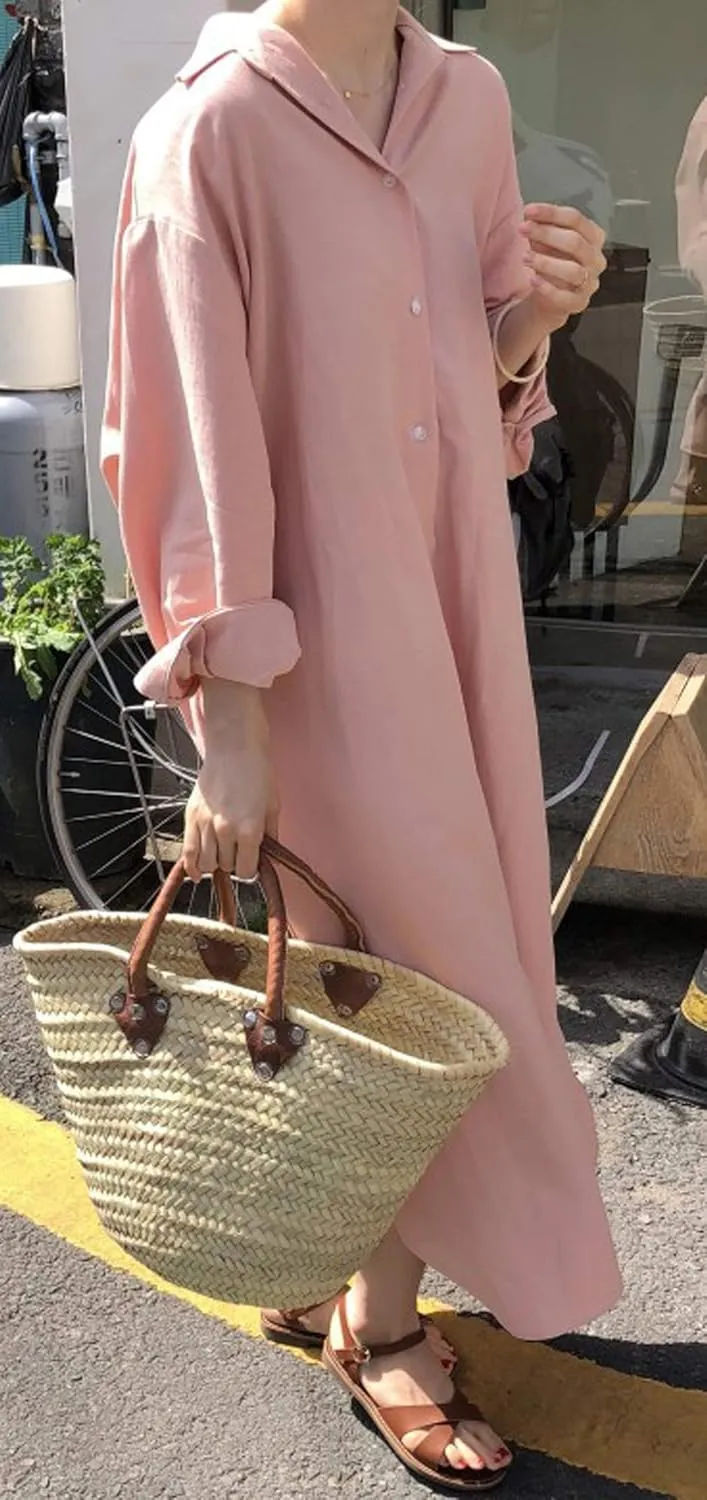 GGUHHU Womens Chic Button Down Rolled-Up Sleeve Long Cotton Blouse Maxi Dress