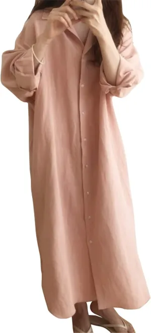 GGUHHU Womens Chic Button Down Rolled-Up Sleeve Long Cotton Blouse Maxi Dress