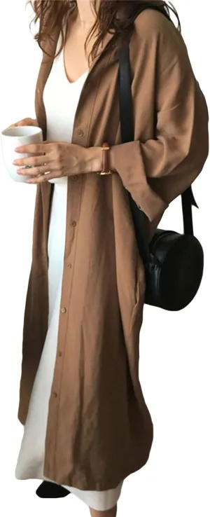 GGUHHU Womens Chic Button Down Rolled-Up Sleeve Long Cotton Blouse Maxi Dress
