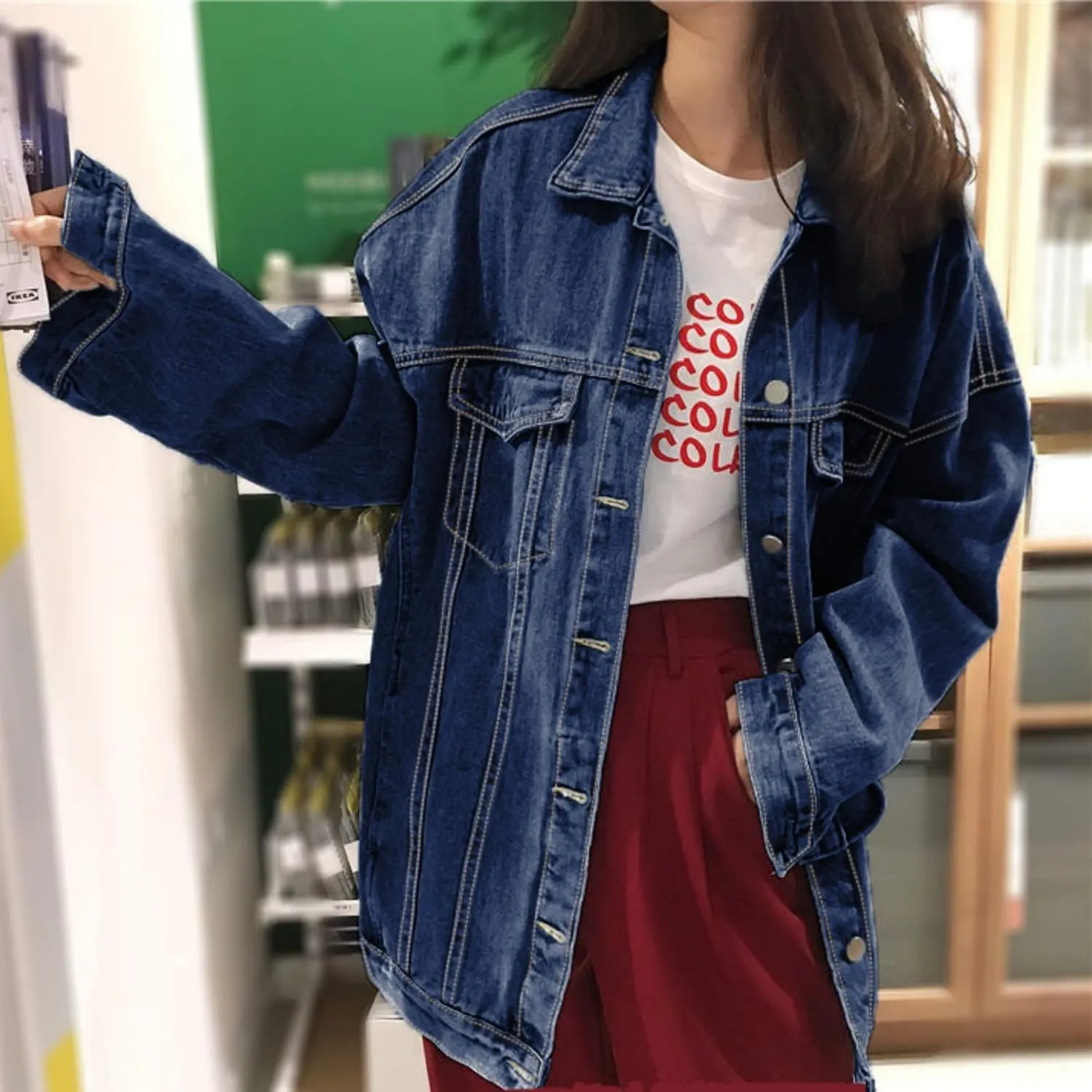 Gozoloma Women's Casual Loose Oversized Denim Jacket Long Sleeved Button Jean Jacket Coat Tops