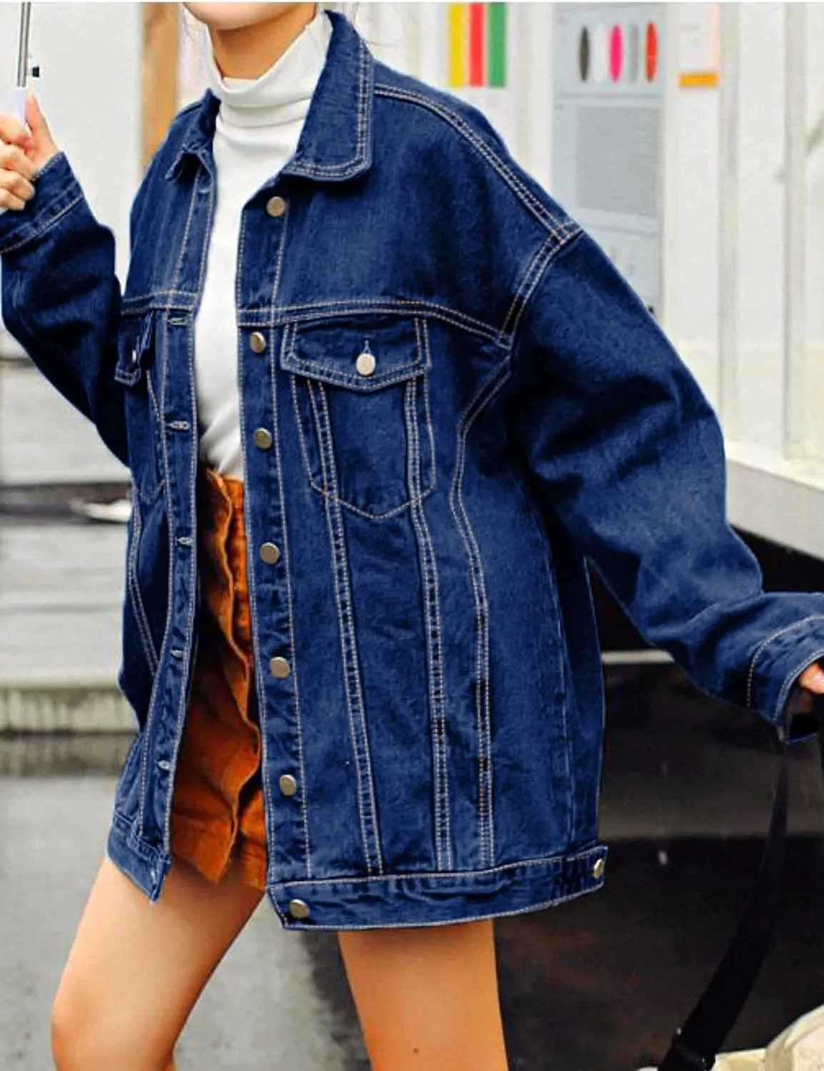 Gozoloma Women's Casual Loose Oversized Denim Jacket Long Sleeved Button Jean Jacket Coat Tops