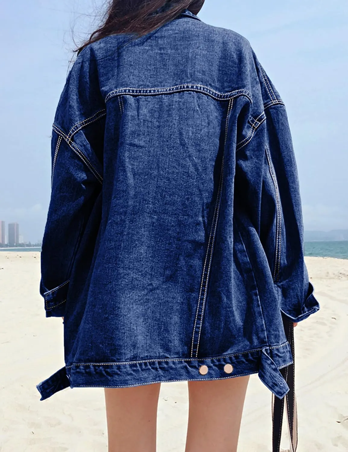 Gozoloma Women's Casual Loose Oversized Denim Jacket Long Sleeved Button Jean Jacket Coat Tops