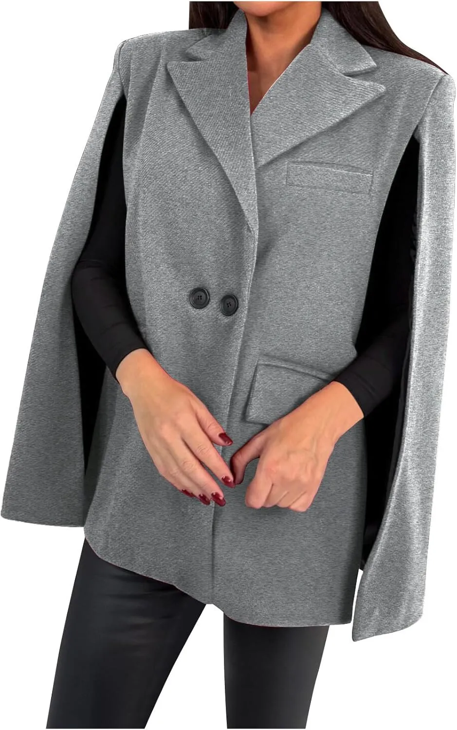 HGps8w Womens Elegant Cape Blazer - Dressy Double Breasted Casual Split Long Sleeve Open Front Coat Jackets with Shoulder Pad