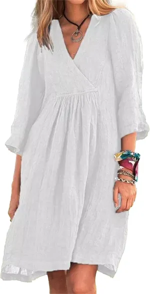 IVERIRMIN Women's Summer Cotton Linen Dress Casual 3/4 Sleeve Knee Length Ruched Dresses V-Neck A-line Dresses for Women