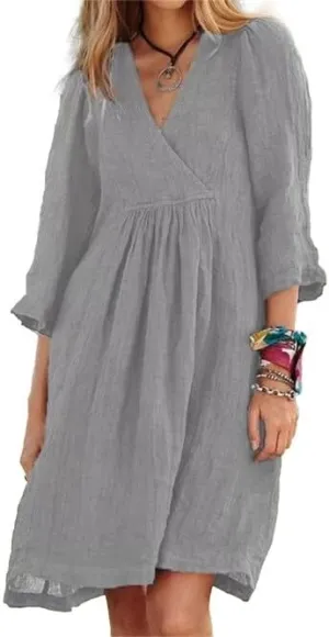 IVERIRMIN Women's Summer Cotton Linen Dress Casual 3/4 Sleeve Knee Length Ruched Dresses V-Neck A-line Dresses for Women