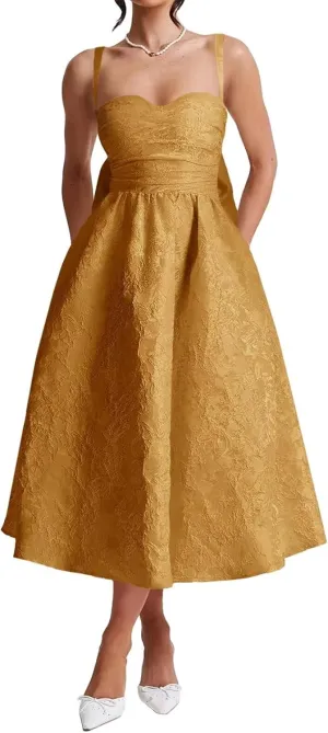 Jacquard Satin Prom Dresses Bow Back for Women Sweetheart Tea Length A Line Formal Party Gown