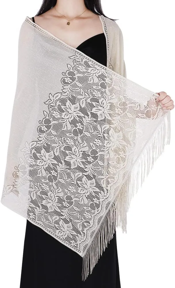 Ladiery Women's Floral Lace Scarf Shawl with Tassels, Soft Mesh Fringe Wraps for Wedding Evening Party Dresses