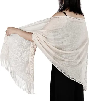 Ladiery Women's Floral Lace Scarf Shawl with Tassels, Soft Mesh Fringe Wraps for Wedding Evening Party Dresses