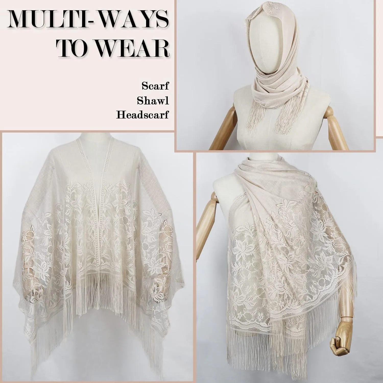 Ladiery Women's Floral Lace Scarf Shawl with Tassels, Soft Mesh Fringe Wraps for Wedding Evening Party Dresses