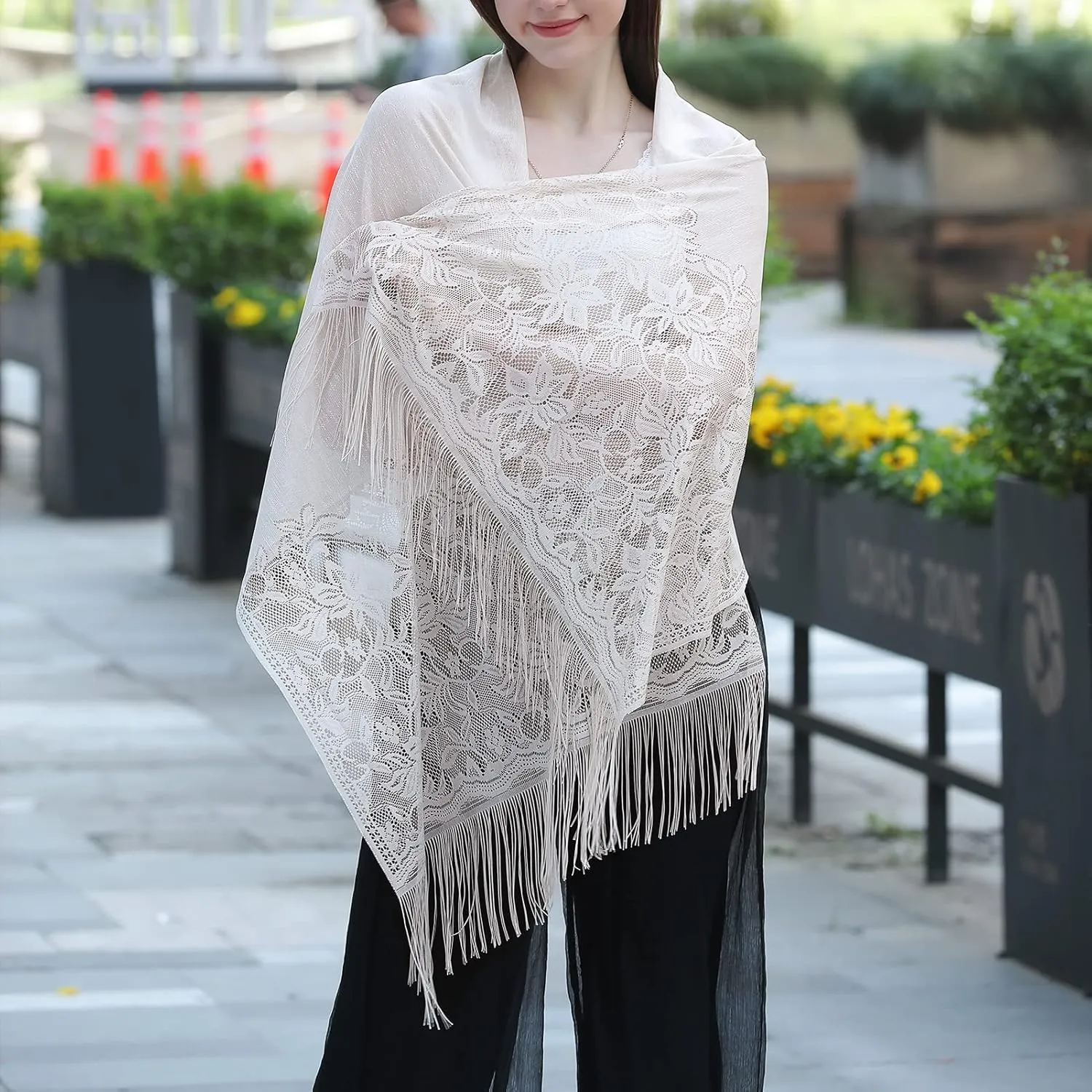 Ladiery Women's Floral Lace Scarf Shawl with Tassels, Soft Mesh Fringe Wraps for Wedding Evening Party Dresses
