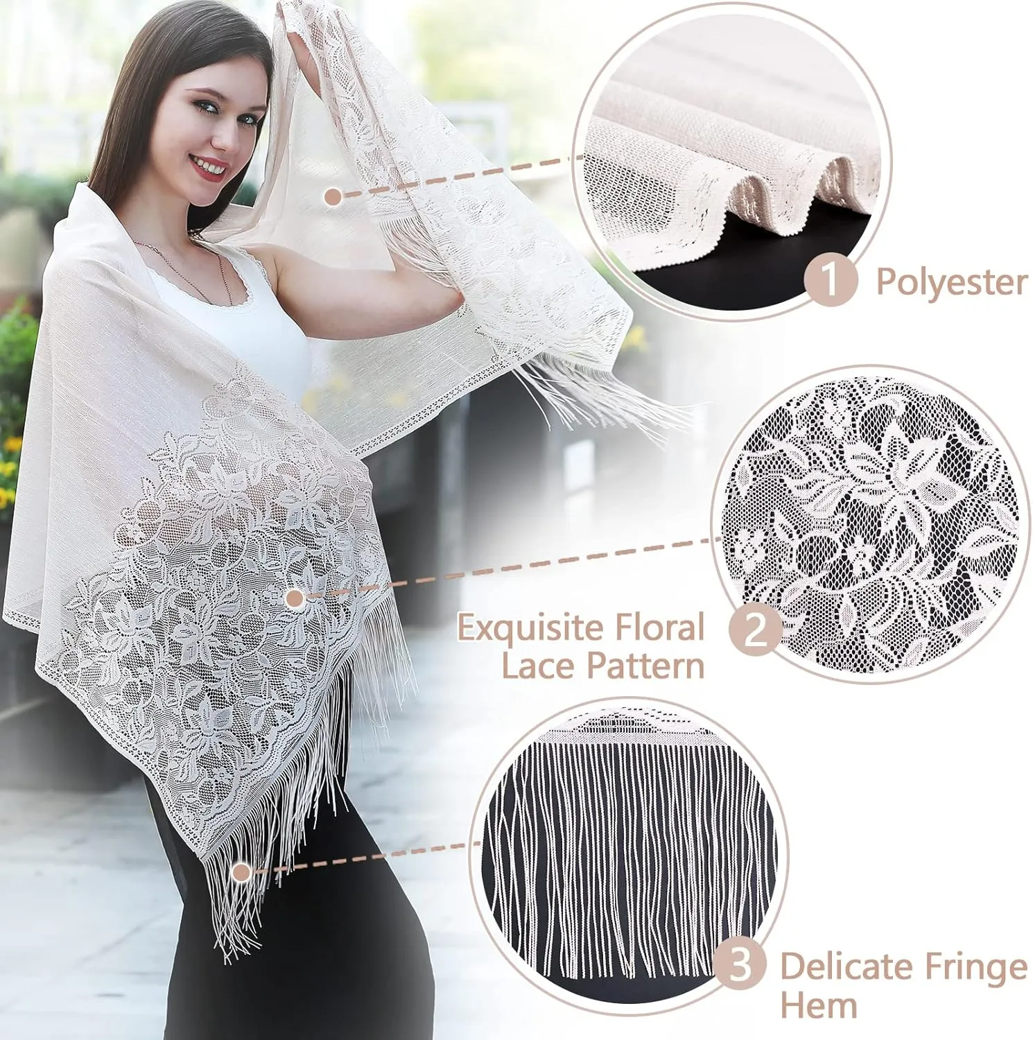Ladiery Women's Floral Lace Scarf Shawl with Tassels, Soft Mesh Fringe Wraps for Wedding Evening Party Dresses