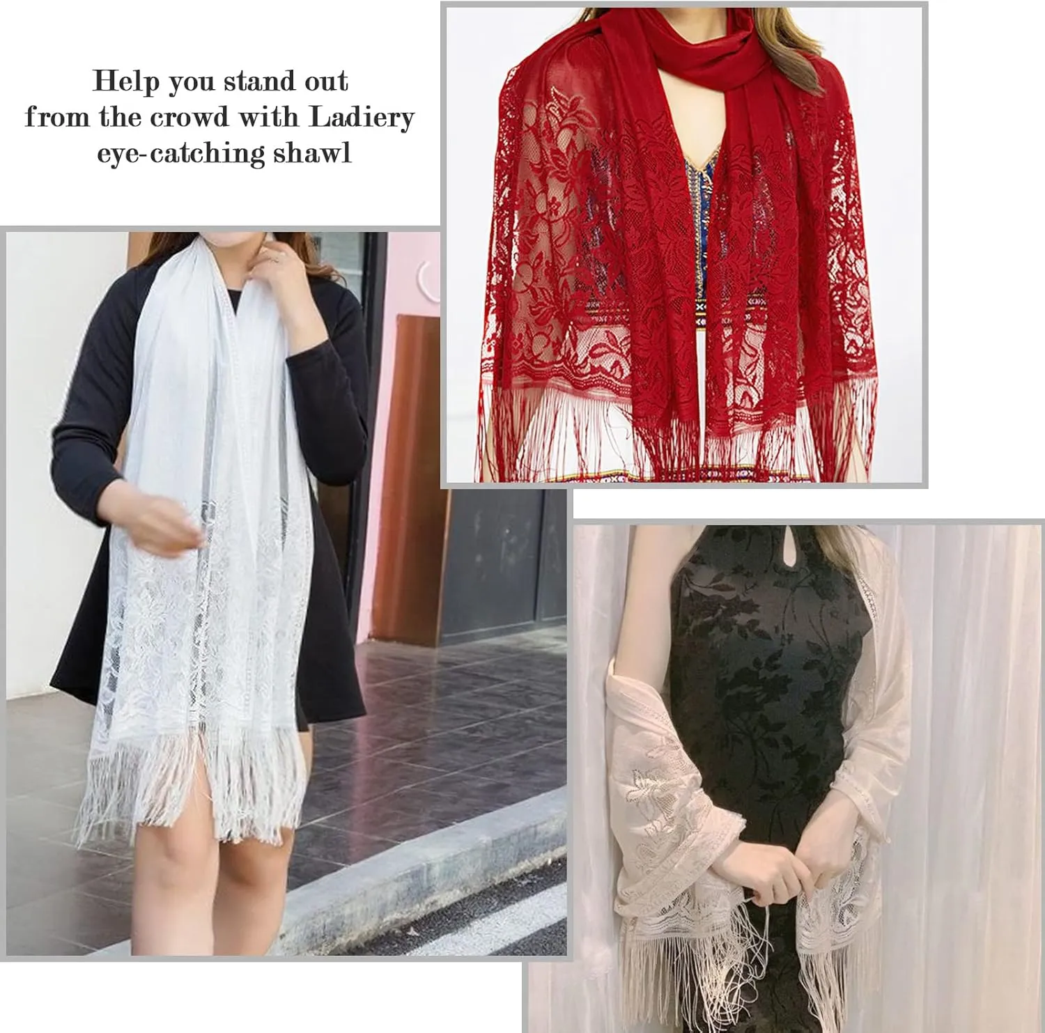 Ladiery Women's Floral Lace Scarf Shawl with Tassels, Soft Mesh Fringe Wraps for Wedding Evening Party Dresses