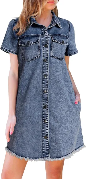 luvamia Denim Dresses for Women Distressed Summer Short Sleeve Button Down Collared Raw Hem Jean Shirt Dress with Pocket