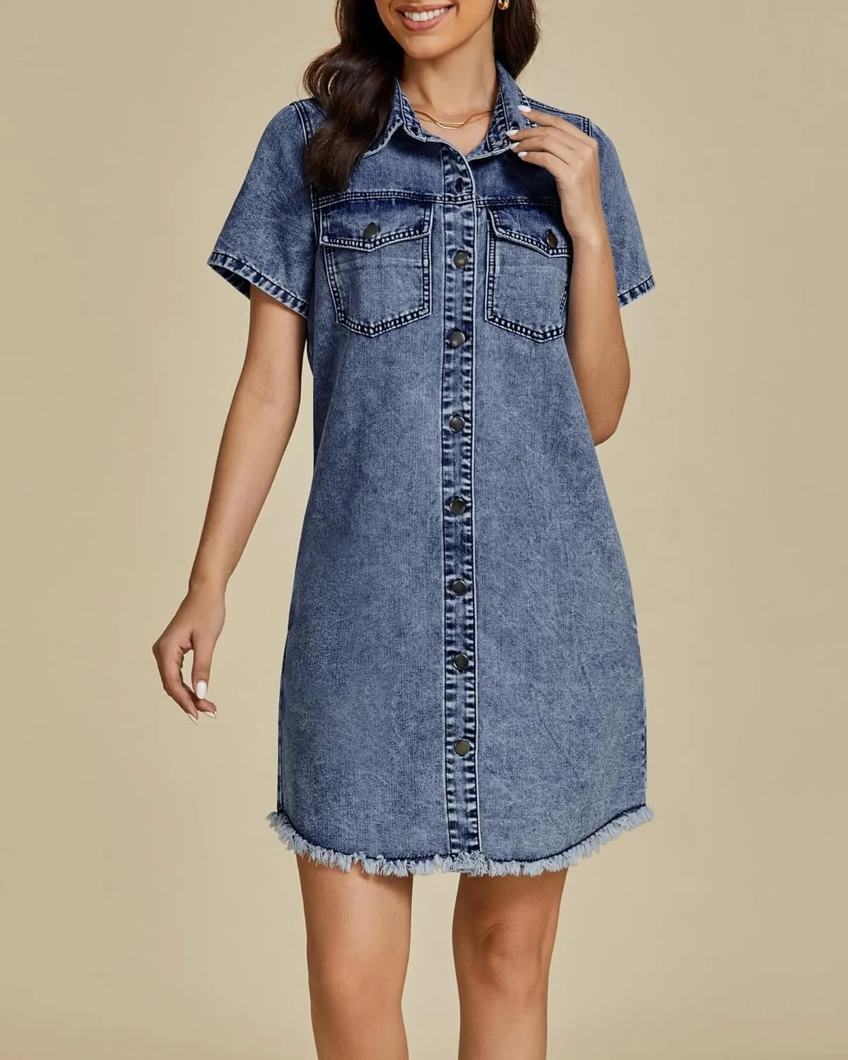 luvamia Denim Dresses for Women Distressed Summer Short Sleeve Button Down Collared Raw Hem Jean Shirt Dress with Pocket