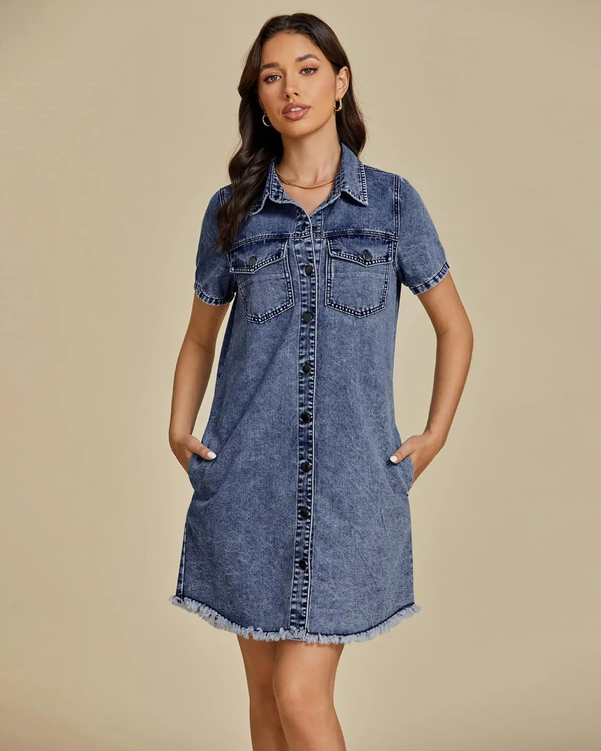 luvamia Denim Dresses for Women Distressed Summer Short Sleeve Button Down Collared Raw Hem Jean Shirt Dress with Pocket