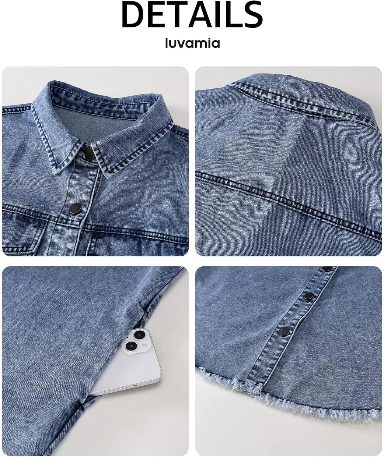 luvamia Denim Dresses for Women Distressed Summer Short Sleeve Button Down Collared Raw Hem Jean Shirt Dress with Pocket
