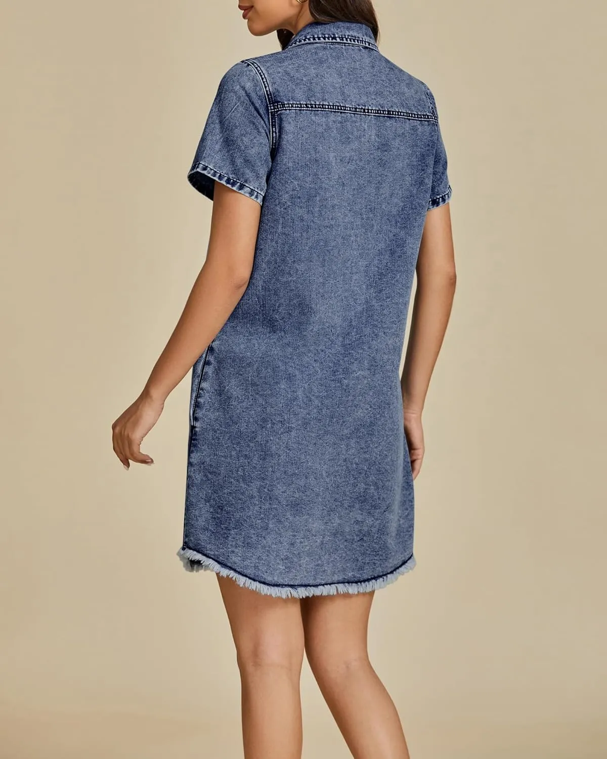 luvamia Denim Dresses for Women Distressed Summer Short Sleeve Button Down Collared Raw Hem Jean Shirt Dress with Pocket