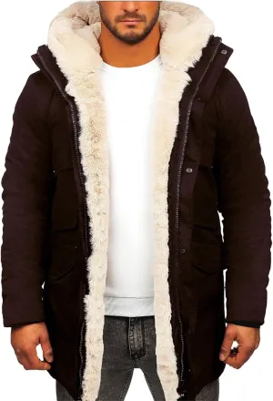 Mens Faux Leather Jacket with Faux Fur Hooded Fleece Warm Outwear Oversized Casual Windproof Coats Winter Outfits