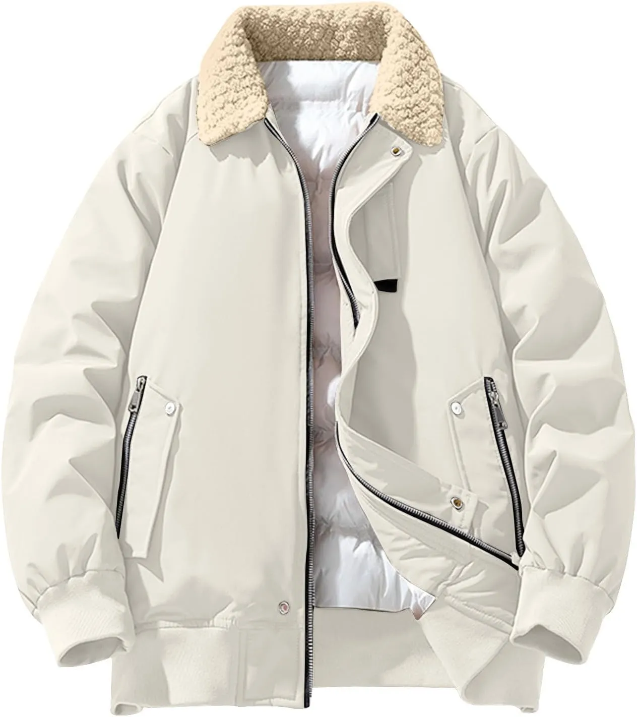 Mens Puffer Jacket Vintage Fur Collar Coat Windproof Down Jacket Zip up Padded Coat Warm Quilted Winter Jacket