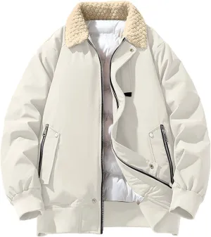 Mens Puffer Jacket Vintage Fur Collar Coat Windproof Down Jacket Zip up Padded Coat Warm Quilted Winter Jacket