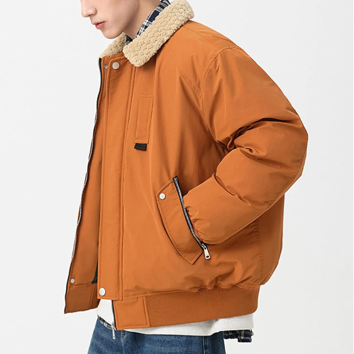 Mens Puffer Jacket Vintage Fur Collar Coat Windproof Down Jacket Zip up Padded Coat Warm Quilted Winter Jacket