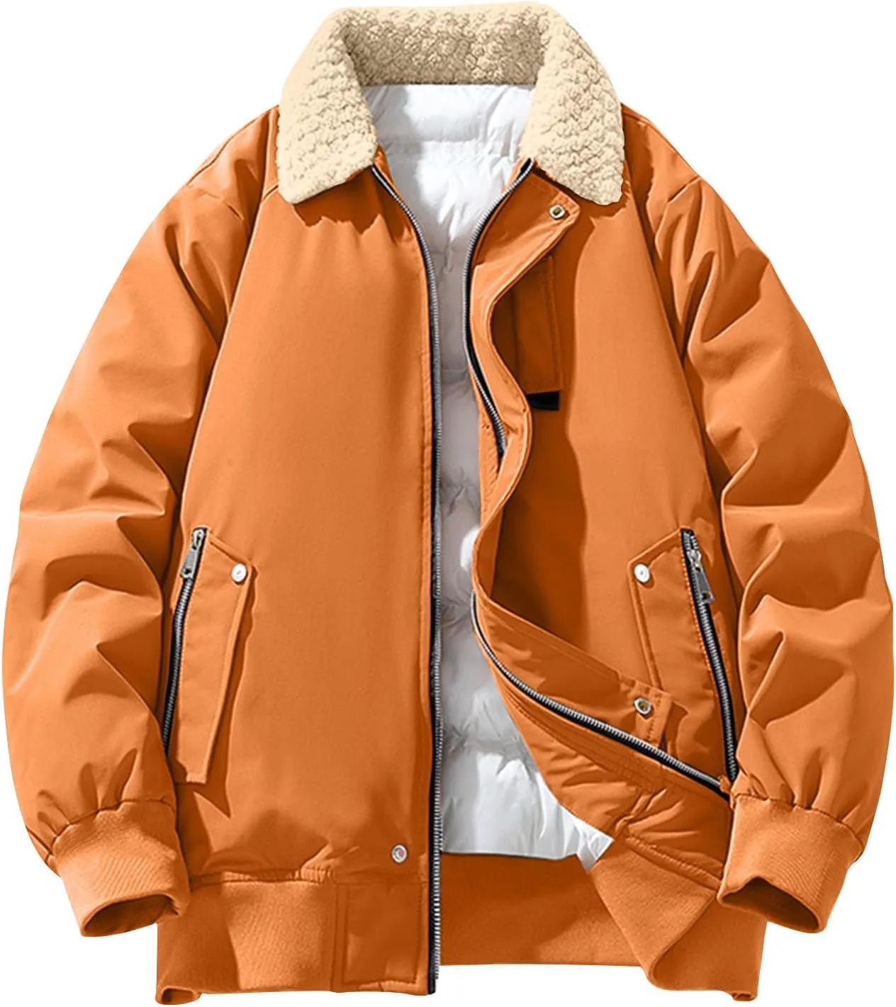 Mens Puffer Jacket Vintage Fur Collar Coat Windproof Down Jacket Zip up Padded Coat Warm Quilted Winter Jacket
