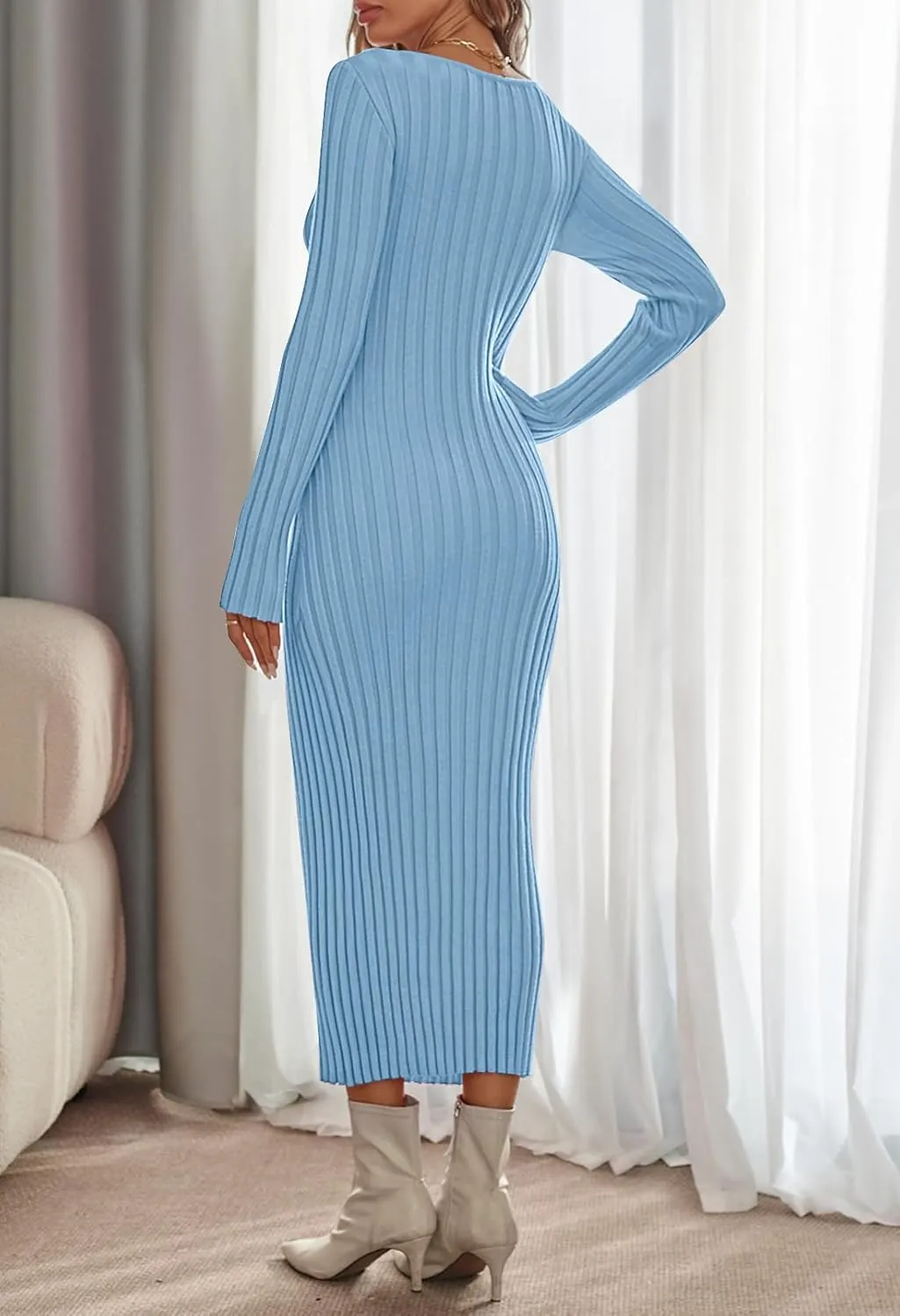 MEROKEETY Women's Fall Long Sleeve Sweater Dress Casual Ribbed Knit Slim Fit Bodycon Maxi Dresses
