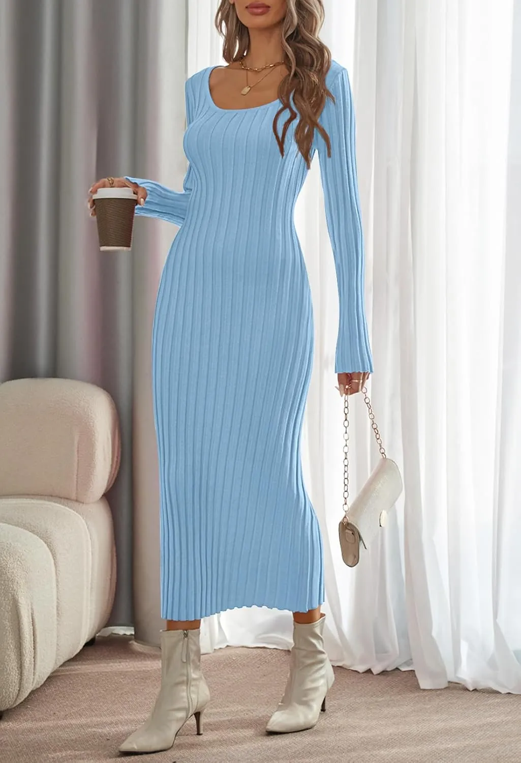 MEROKEETY Women's Fall Long Sleeve Sweater Dress Casual Ribbed Knit Slim Fit Bodycon Maxi Dresses
