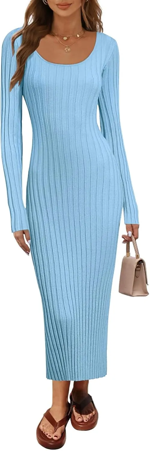 MEROKEETY Women's Fall Long Sleeve Sweater Dress Casual Ribbed Knit Slim Fit Bodycon Maxi Dresses